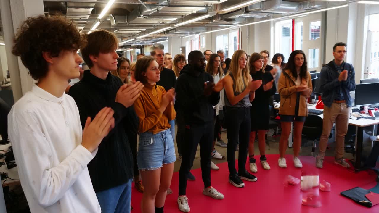A Group of Young Adults Celebrating with Applause in a Modern Workspace, Capturing a Moment of Joy and Engagement Within a Collaborative Environment