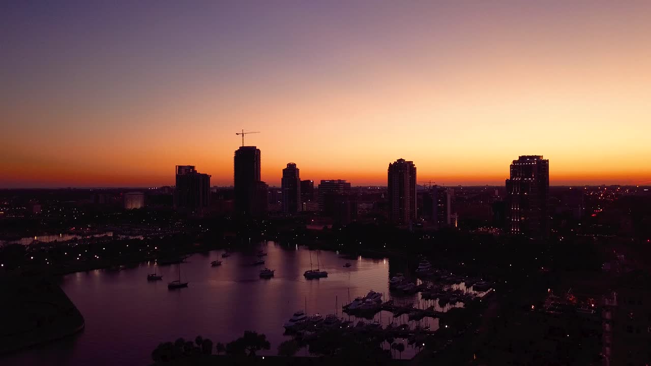 4K Aerial Video of Orange Sunset over St Petersburg, Florida