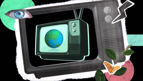 animation of vintage tv and globe, eye, plant and flash on black background