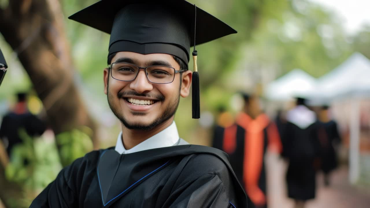 Close-up video still of a smiling graduate in cap and gown, captured at eye level, with a blurred