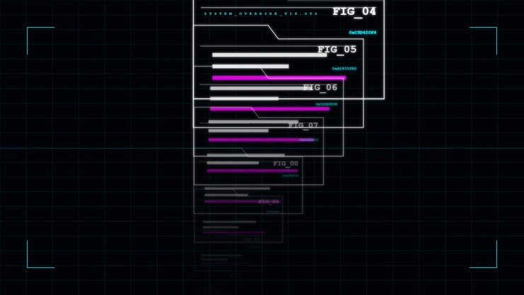 Futuristic Digital Interface Displaying Data Processing and System Override
