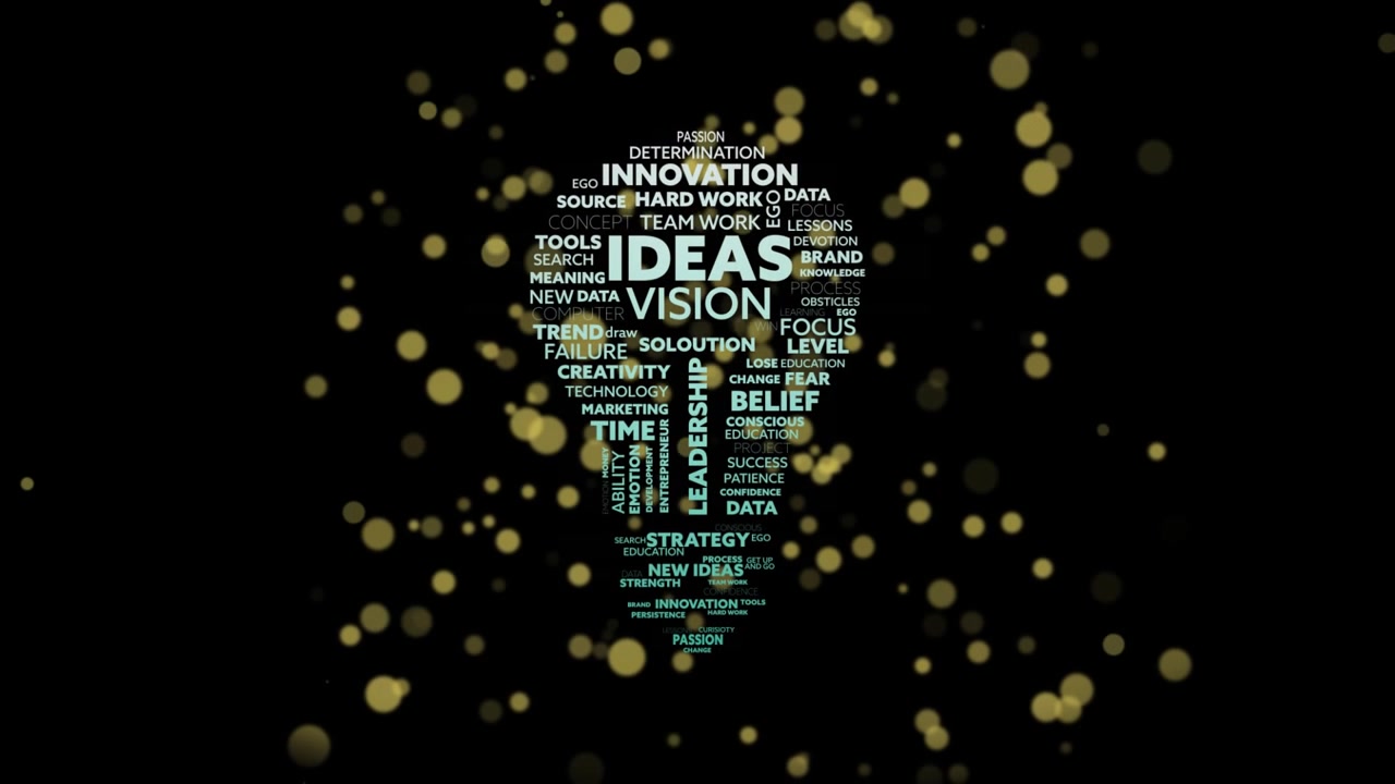Bokeh dorato che appare, nuvola di parole che si trasforma in una lampadina che si illumina, rappresentando IDEE e VISIONE.