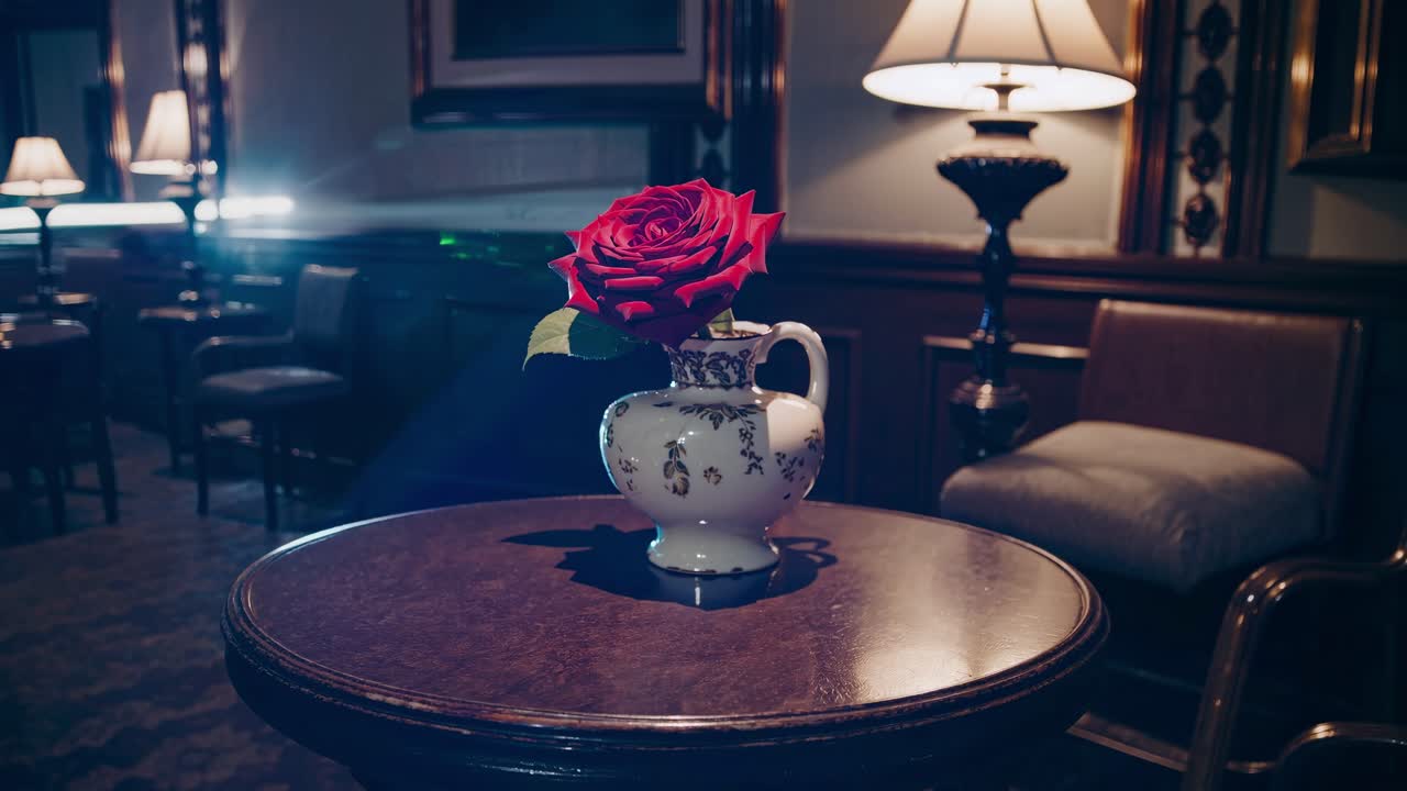 Red rose with green leaves standing in a white vase placed on a small round table in a dimly lit elegant lounge, creating a romantic and intimate atmosphere