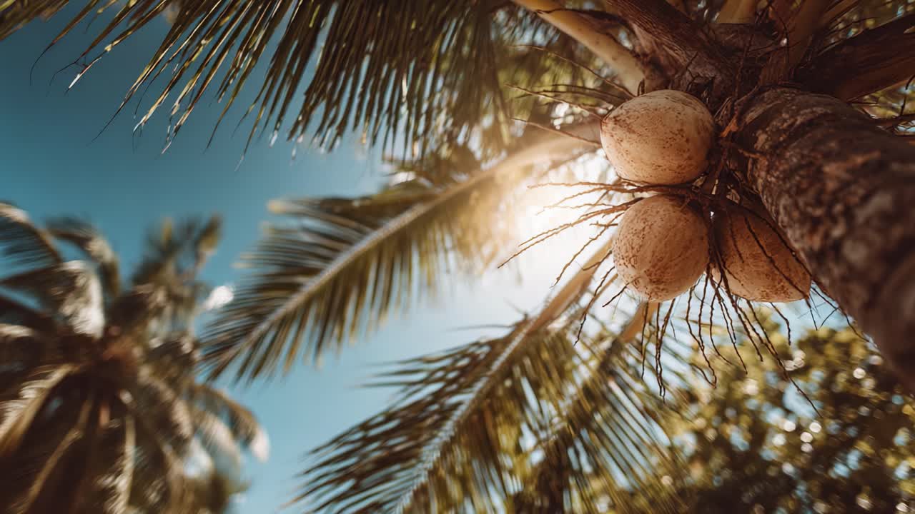 Captivating Scene of a Sunlit Palm Tree with Coconut Clusters: A Serene Tropical Environment Filled with Nature's Bounty and Vibrant Sunshine for Relaxation