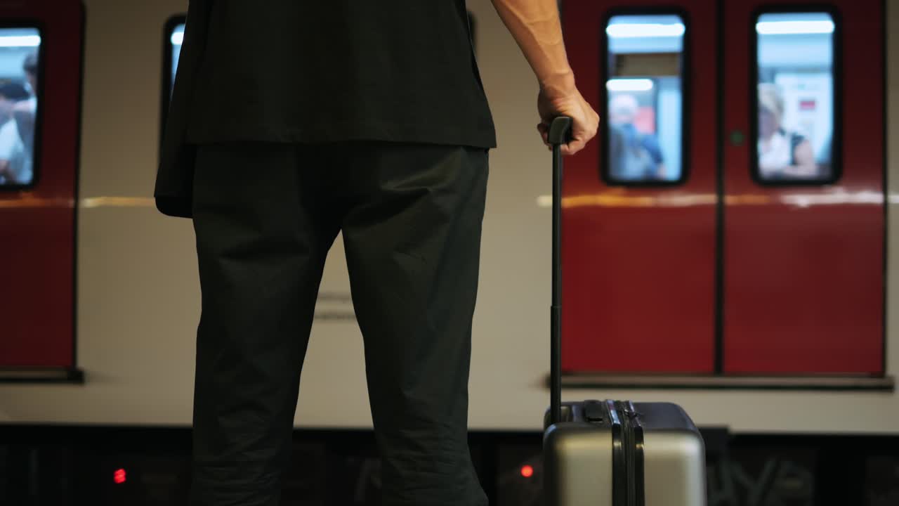 Tourist man with suitcase baggage in spain, A traveler with luggage suit jacket on business street go to a hotel, business office, airport terminal, enjoying the vibrant atmosphere