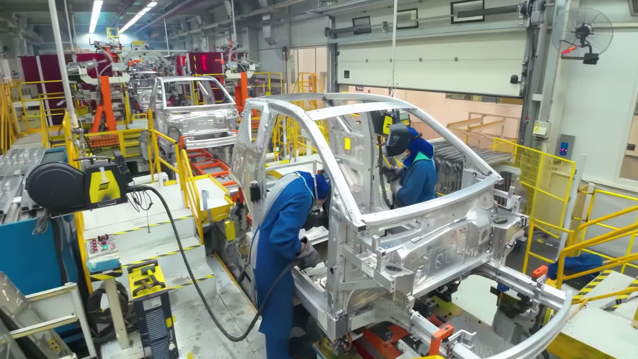 Group of technician workers wearing safety cloth gear, working together on assembly line body in factory to produce cars Engine Components with latest technology. Emphasizing cooperation and teamwork