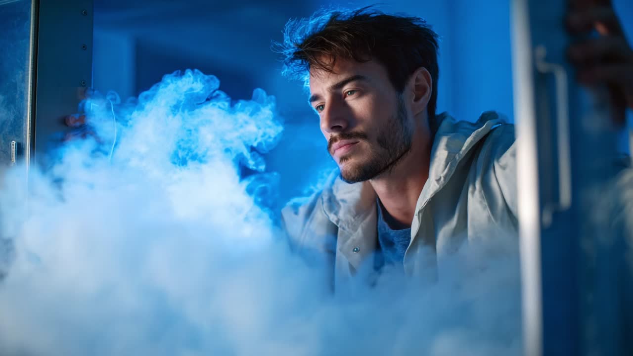 In a moment of introspection, a young man contemplates amidst swirling clouds of vapor, showcasing a blend of emotions framed within an ambient blue light that highlights the atmosphere of curiosity and reflection