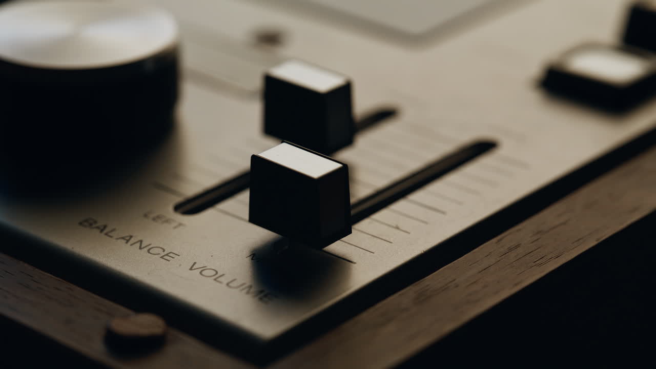 Sound engineer pushing sliders on vintage sound recording device closeup