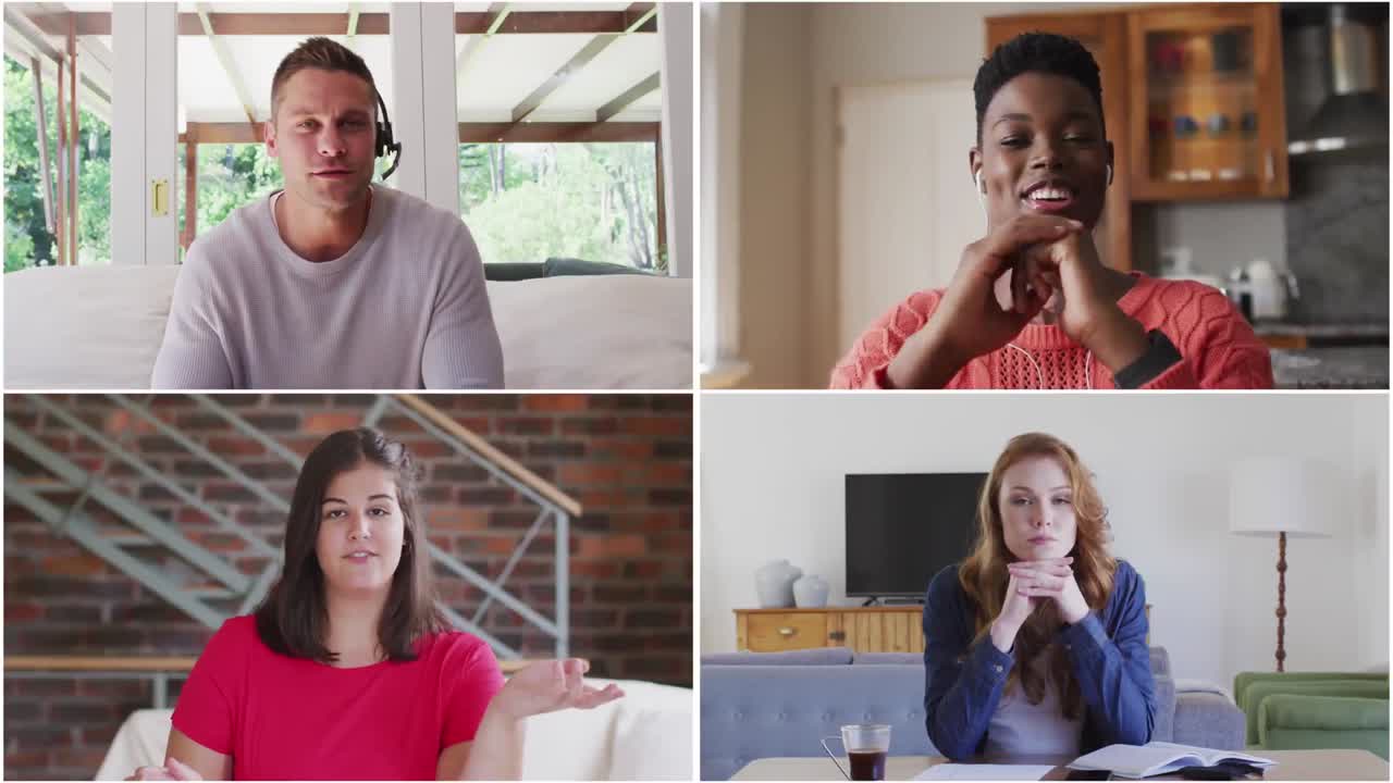 equipo de colegas de trabajo mostrados en las pantallas hablando en una videollamada