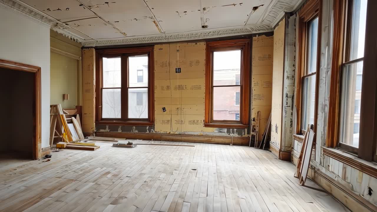 Groothoekopname van een gedeeltelijk gerenoveerde kamer met grote ramen, die een lichte, open ruimte toont.
