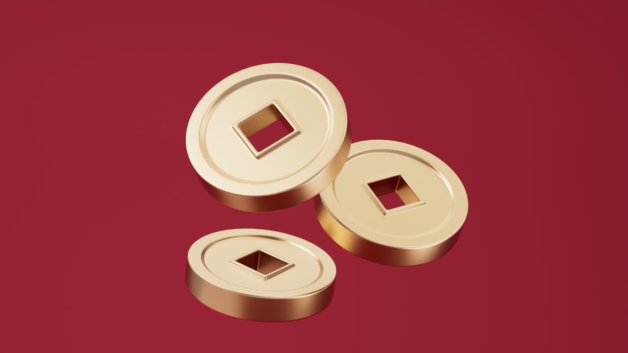 Loop animation of 3D cartoon style Chinese coins, 3d rendering.