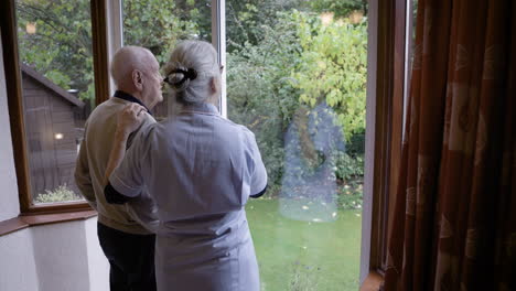 elderly man and nurse looking out the window