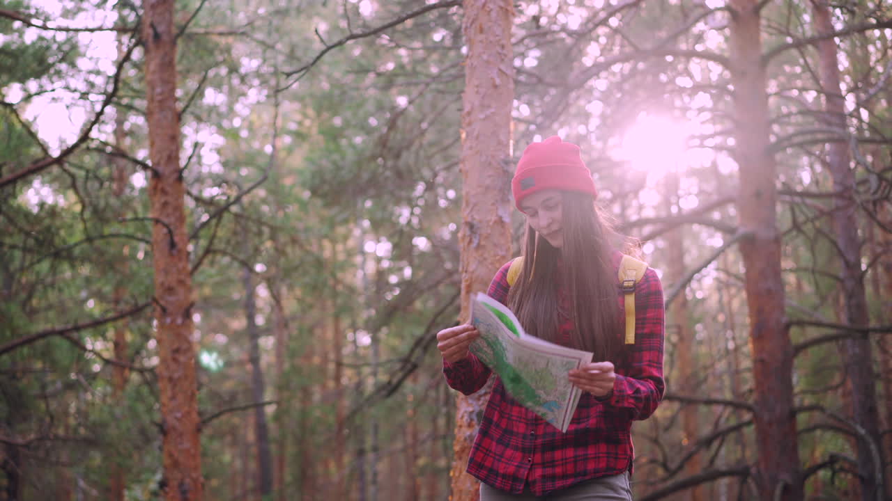 Woman Hiking in a Forest with Map