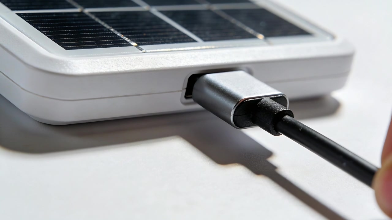 Pushing fingertip inserting USB connector into side port of white solar power bank, securing charge