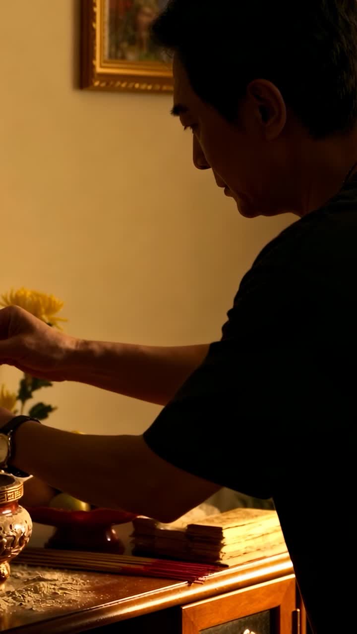 Vertical video: Reaching man in black tee tidying incense and offering papers on shrine, copy space