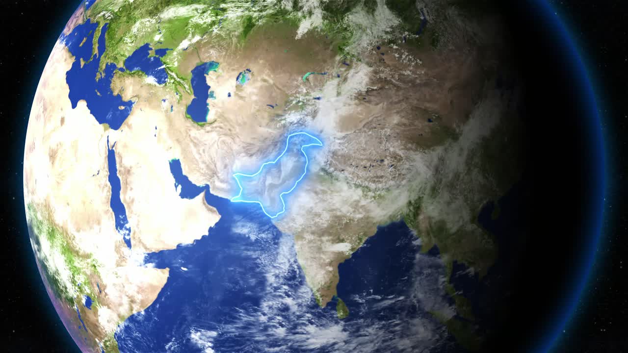 Pakistan Highlighted In Blue Outline Seen On Earth From Space. - graphics