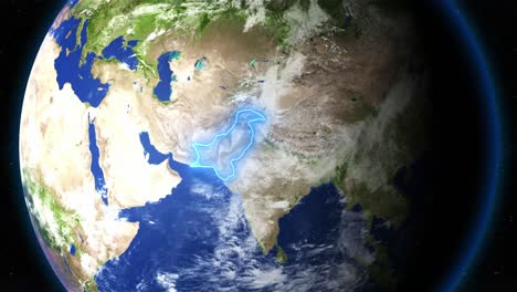 pakistan highlighted in blue outline seen on earth from space. - graphics