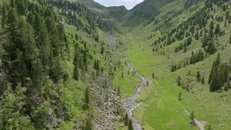 vuelo aéreo hacia adelante entre el río que fluye cuesta abajo montañas verdes en verano - dolomita, italia