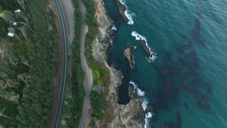 top down drone shot of the scenic highway along california's coastline