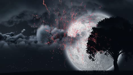 Fuegos-Artificiales-Y-Silueta-De-Un-árbol-Con-Las-Nubes-Y-La-Luna