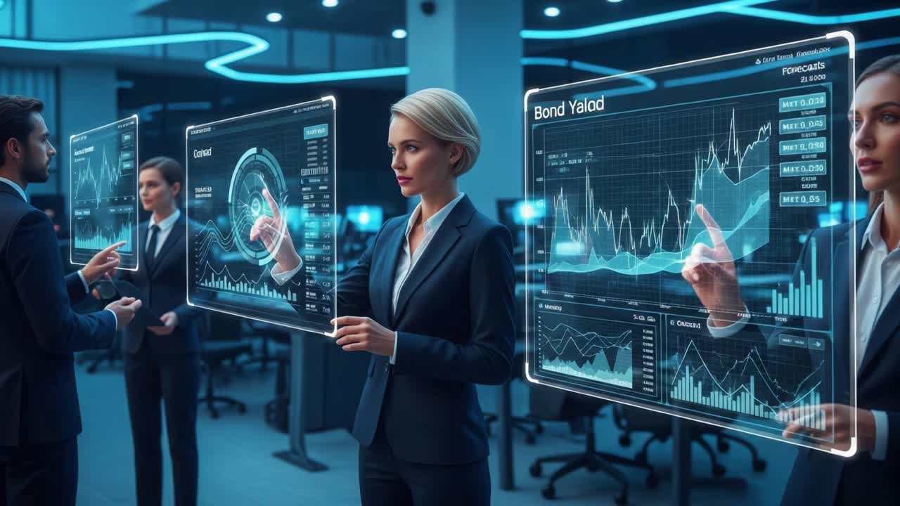 Dynamic Office Environment Showcasing Data Analysis and Financial Forecasts with Sleek Digital Displays in a Modern Workplace Setting