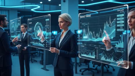 dynamic office environment showcasing data analysis and financial forecasts with sleek digital displays in a modern workplace setting