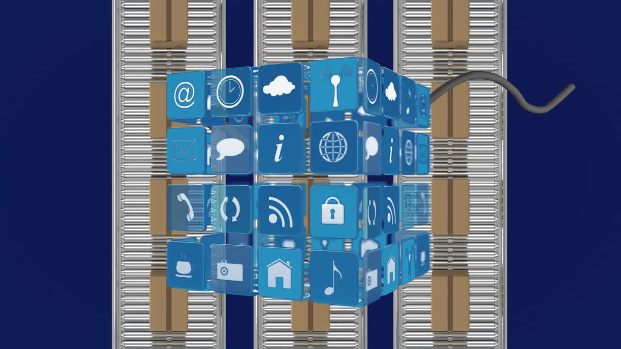 컨베이어 벨트에서 움직이는 카드보드 상자의 높은 각도 뷰를 통해 3d 큐브의 아이콘의 애니메이션