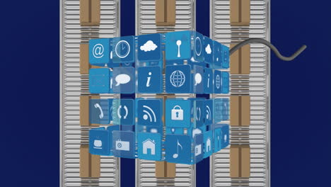 animación de iconos en cubos 3d sobre vista de ángulo alto de cajas de cartón que se mueven en cinta transportadora