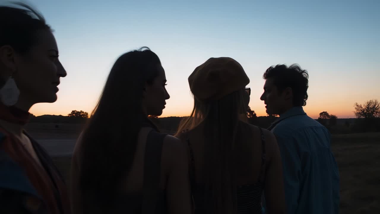 Fire venner, der går på en mark ved solnedgang. En mand vender sig om og taler til en kvinde med en baret, solbriller, stropper og ørering.