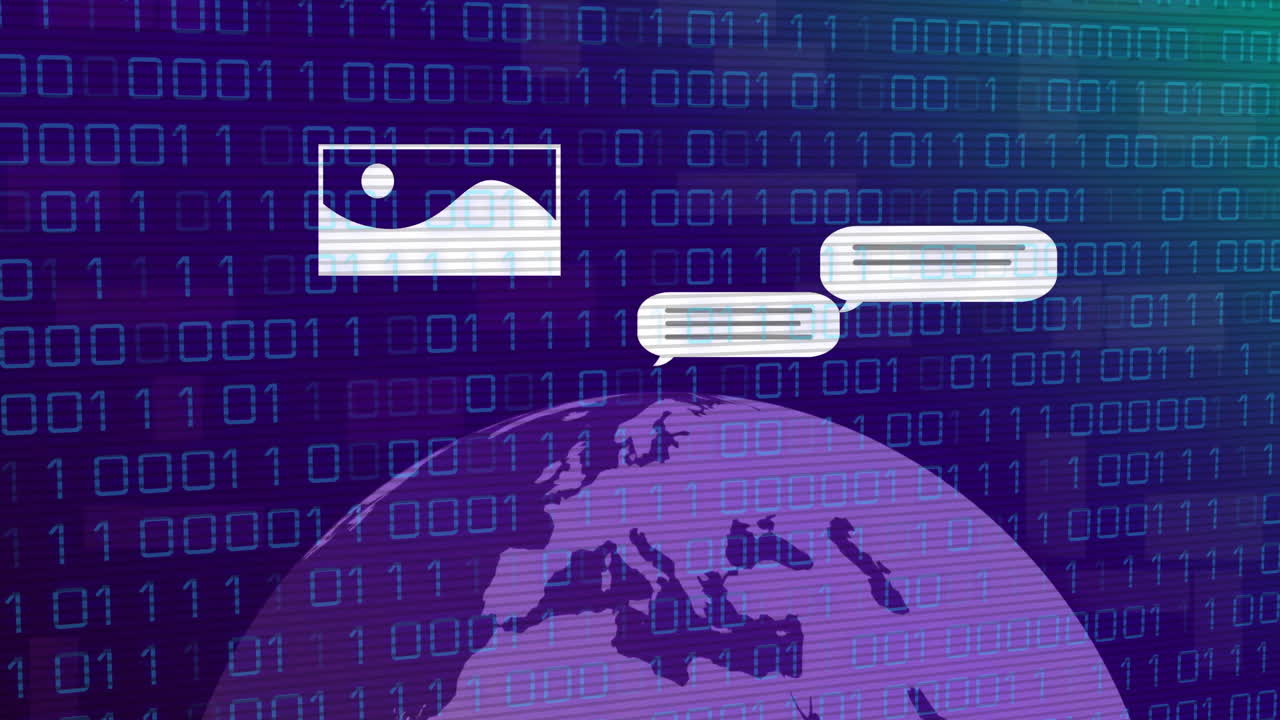 Animation of data processing over globe with icons on blue background