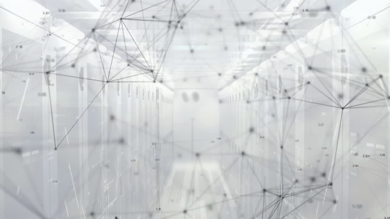 Network of connections and data processing animation over server room background
