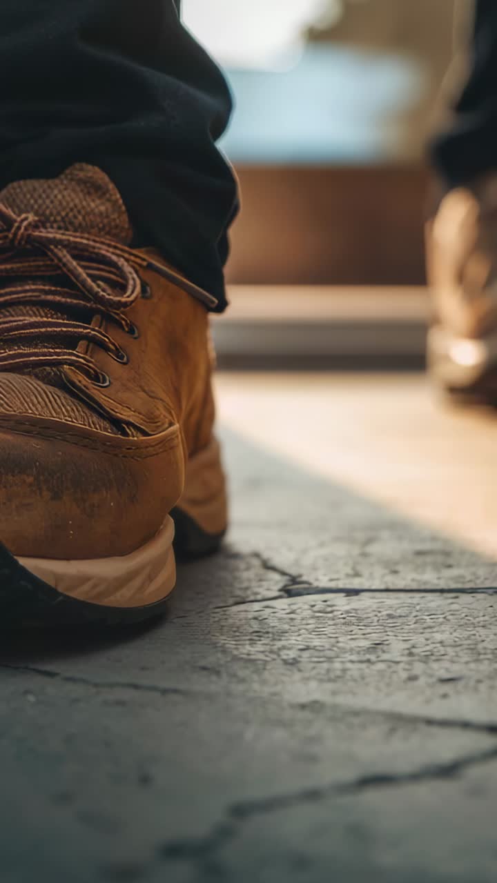 Vertical video: Stepping person walking through cracked floor doorway in brown boots toward sun