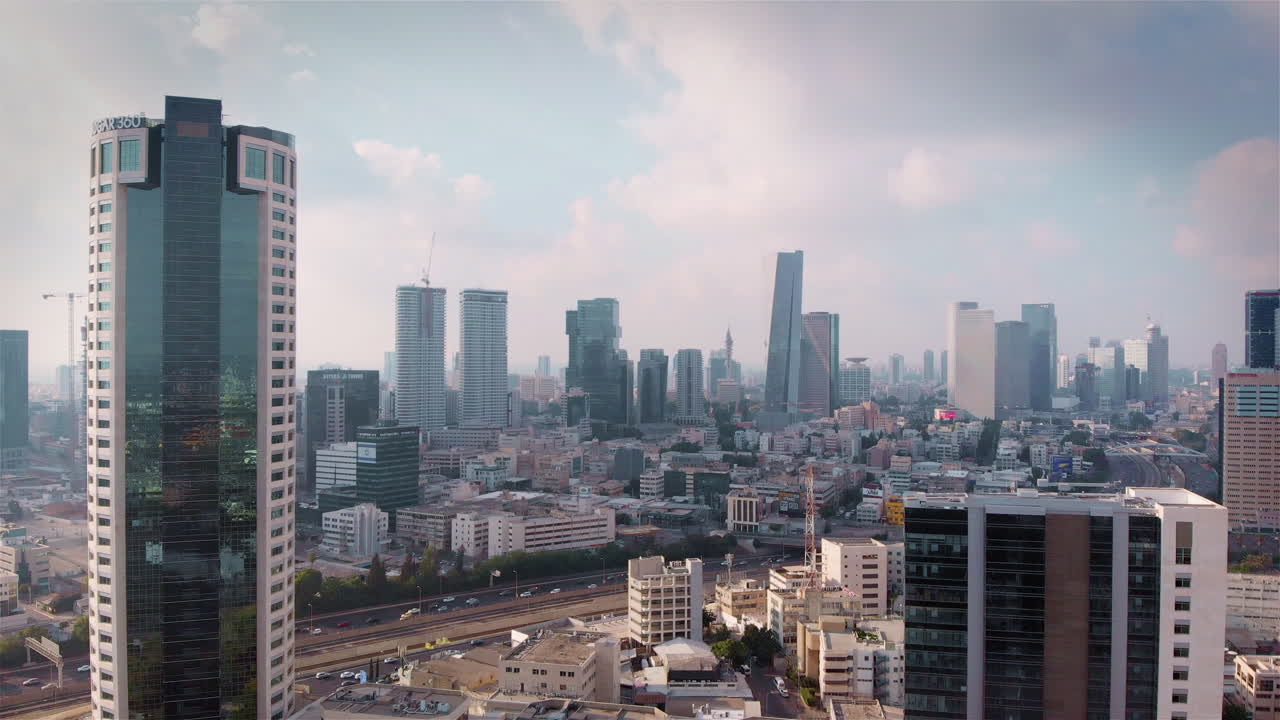 Flying between skycrapers in fast motion