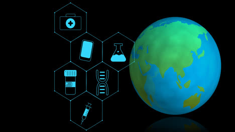 Animación-De-Iconos-Médicos-Y-Globo-Terráqueo-Sobre-Fondo-Negro