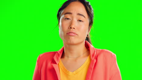 Shrug,-green-screen-and-disappointed-face-of-woman