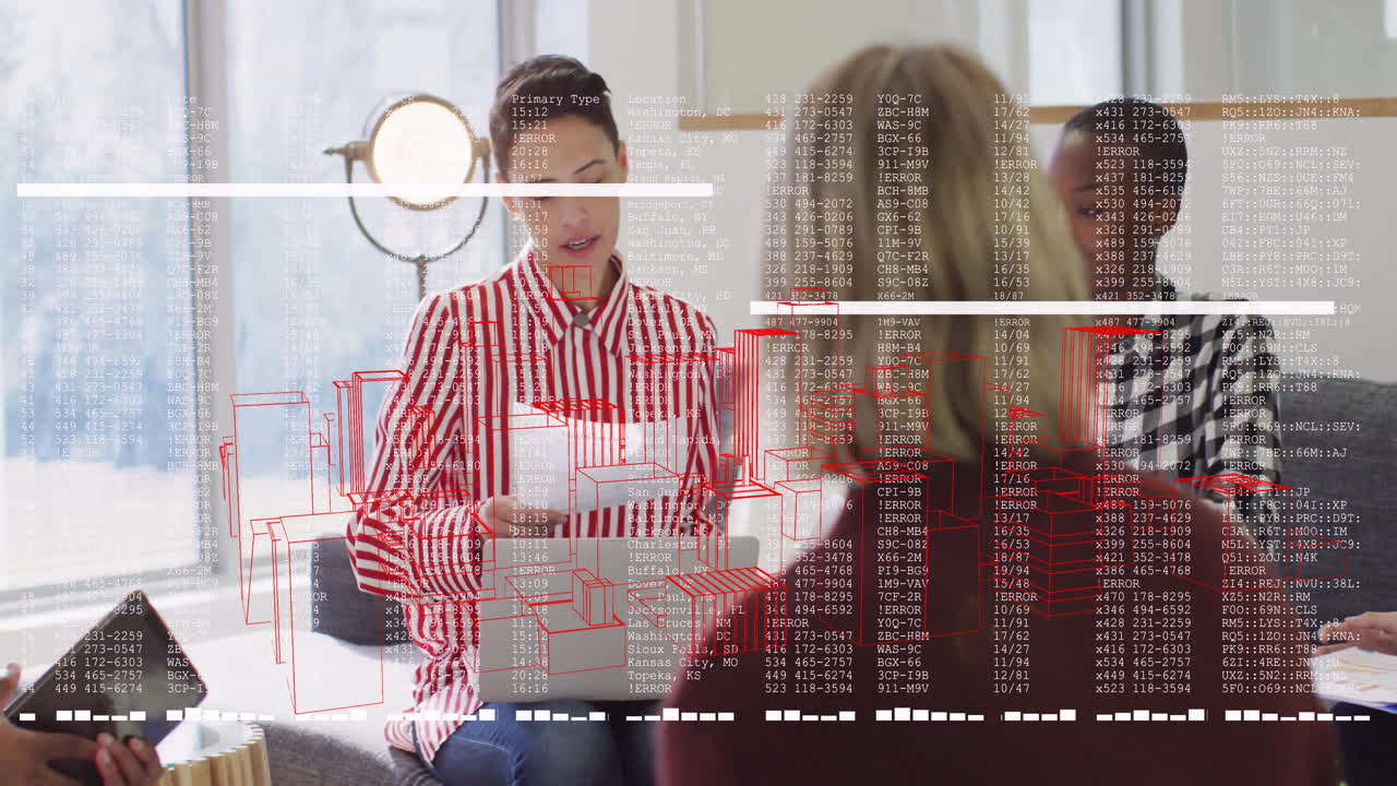 Business meeting with data processing animation over diverse team in modern office