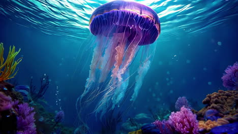 a jellyfish swimming under the ocean with corals and corals