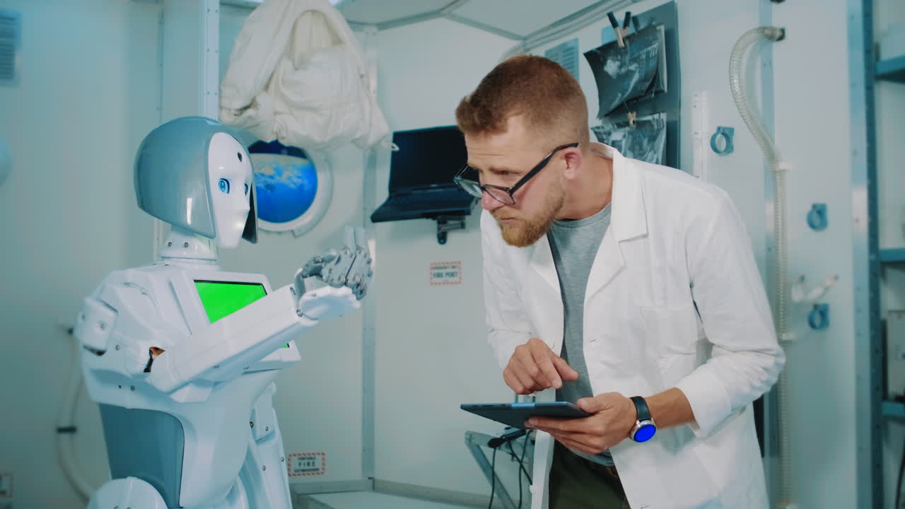 robot y científico en el laboratorio espacial