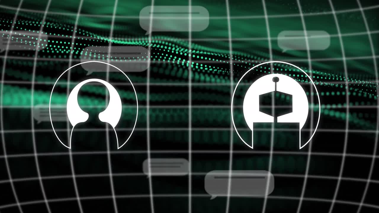 animación del procesamiento de datos sobre cuadrícula y malla verde sobre fondo oscuro