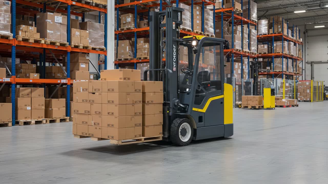 Efficient Warehouse Operations: A Forklift Transporting Cardboard Boxes through an Organized Storage Facility for Streamlined Logistics and Inventory Management