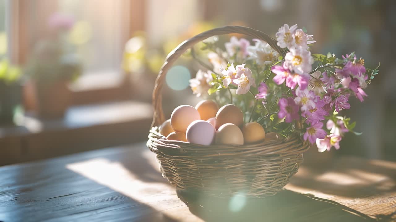 Sunlight spills gently over a wicker basket. Soft pink and purple flowers bloom beside pastel eggs. The basket rests on a wooden table, bathed in warm glow. Stillness evokes quiet celebration
