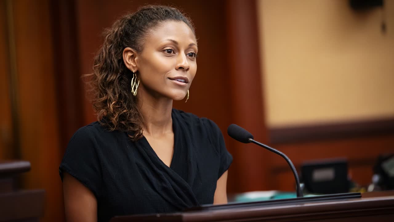A woman in a black outfit confidently addresses an audience from a podium in a courtroom setting, showcasing a moment of public speaking focused on delivering important information or insights