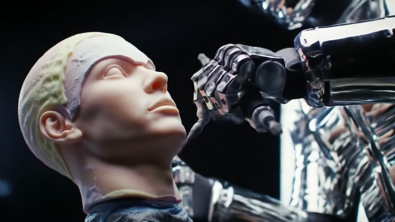 A robotic hand meticulously applies intricate designs to a lifelike mannequin, showcasing the fusion of technology and artistry in modern robotics and craftsmanship