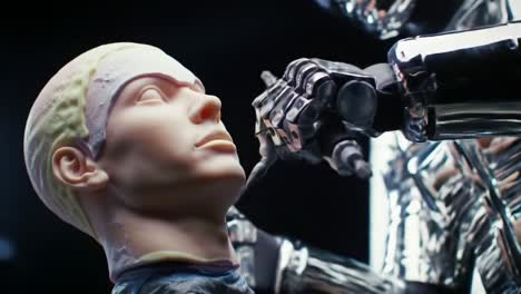 a robotic hand meticulously applies intricate designs to a lifelike mannequin, showcasing the fusion of technology and artistry in modern robotics and craftsmanship