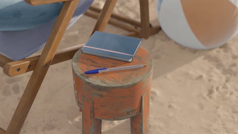 animación 3d de un bolígrafo azul en una mesa en la playa