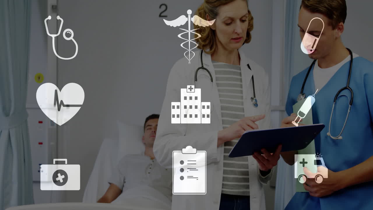 Medical icons animation over doctor reviewing patient chart in hospital room