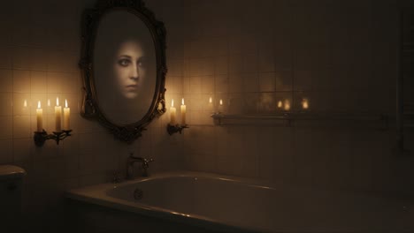 a haunting reflection: illuminating the mysterious connection between a woman and her mirror in a dimly lit bathroom setting