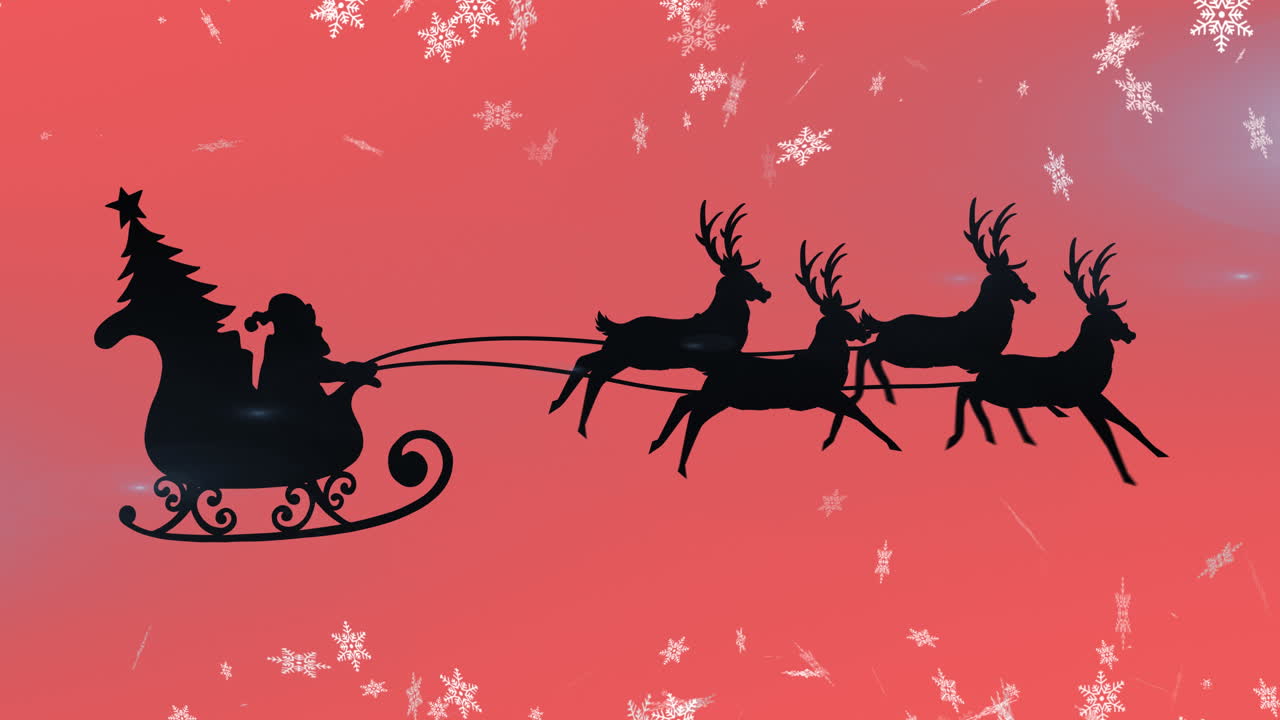 animación de santa claus en trineo con renos sobre la nieve cayendo sobre un fondo rojo