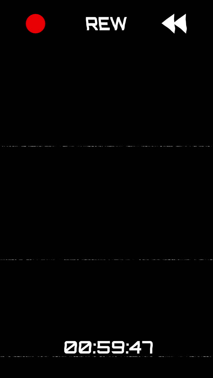 Effetto riavvolgimento VHS con glitch e sovrapposizione di timecode
