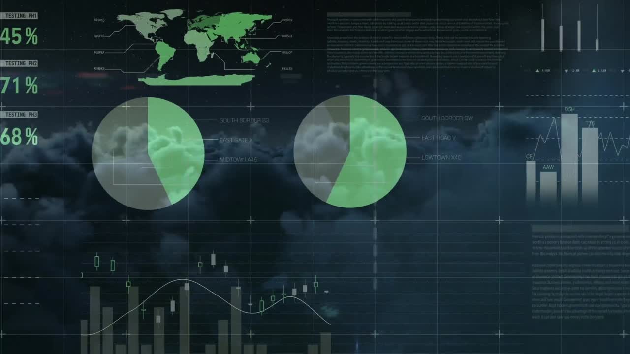 Animation of statistics processing over sky with clouds